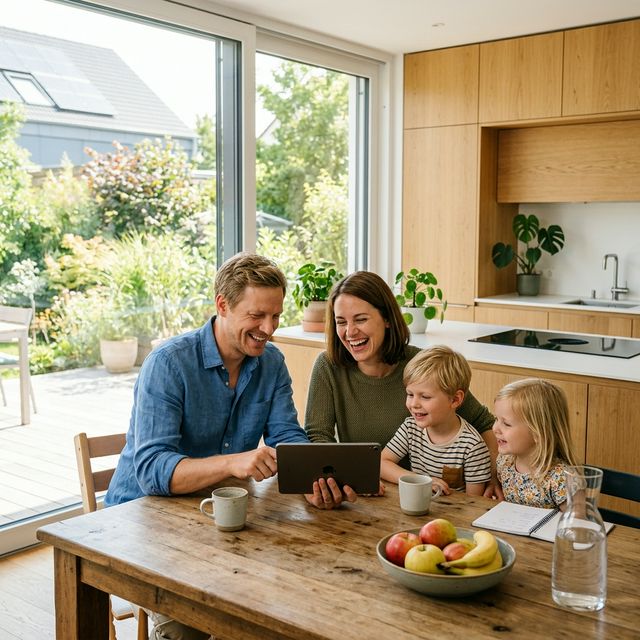 Familie prüft Energieeinsparungen am Tablet