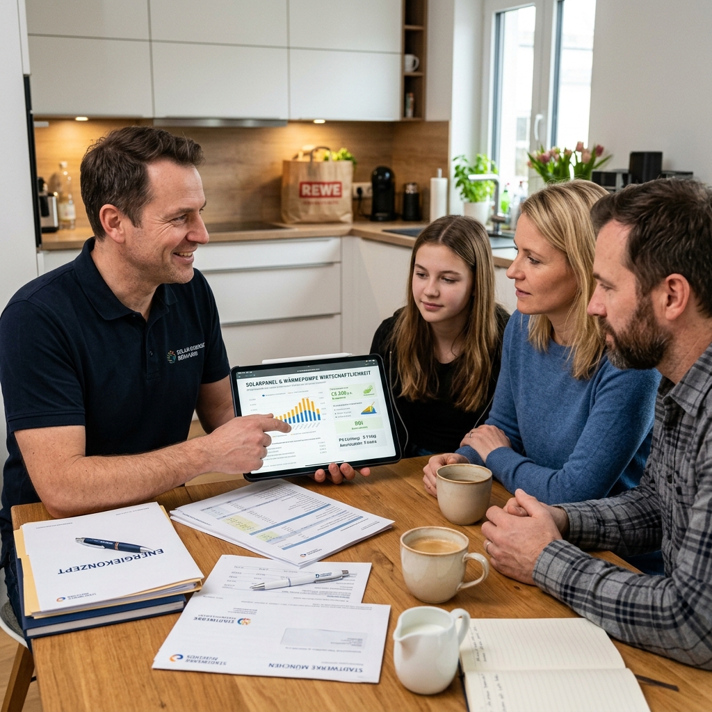 VIRON Energieberater zeigt einer deutschen Familie am Küchentisch die Wirtschaftlichkeitsberechnung für Wärmepumpe und Photovoltaik auf dem iPad