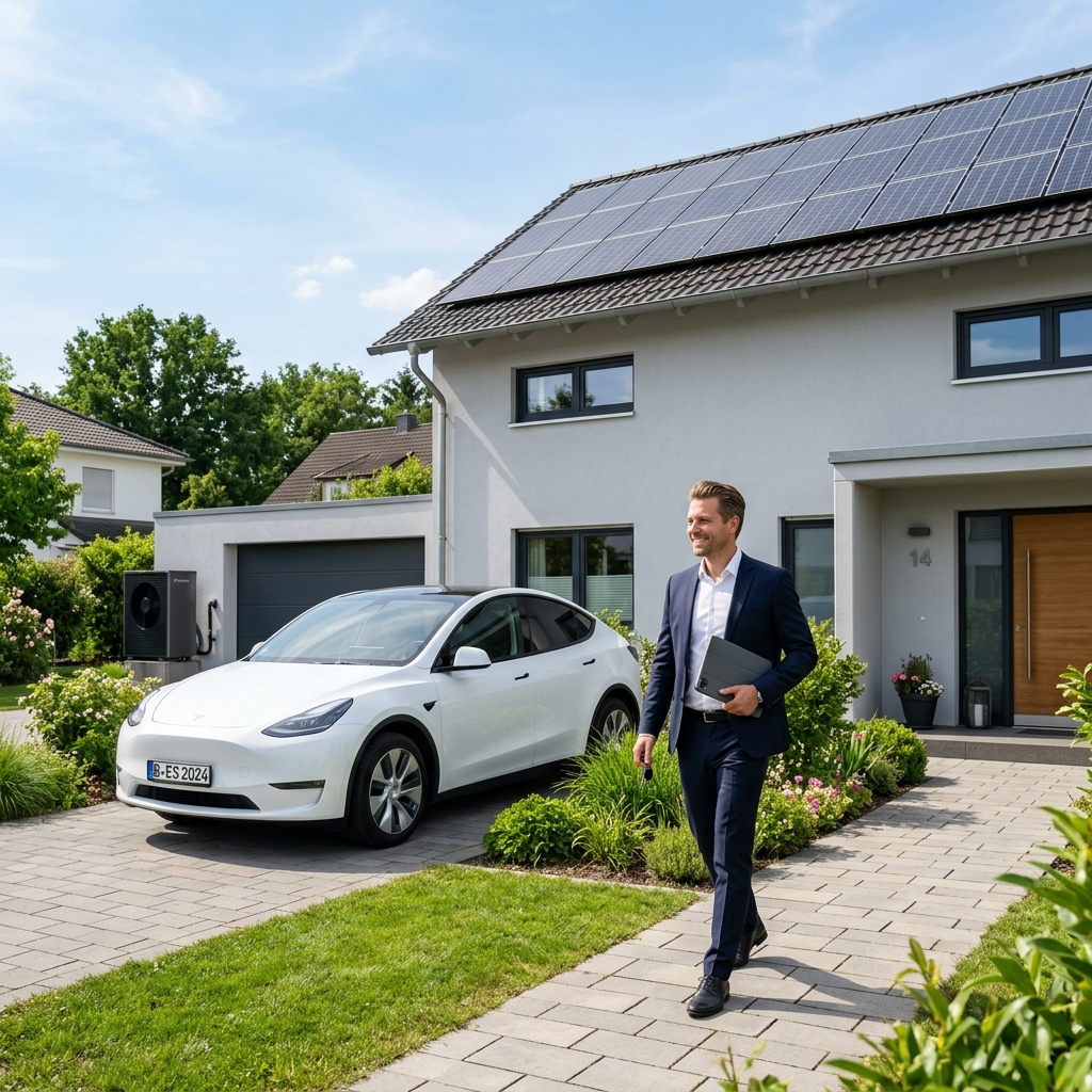 VIRON Vertriebsberater mit Elektro-Dienstwagen vor einem Einfamilienhaus mit Solaranlage und Wärmepumpe