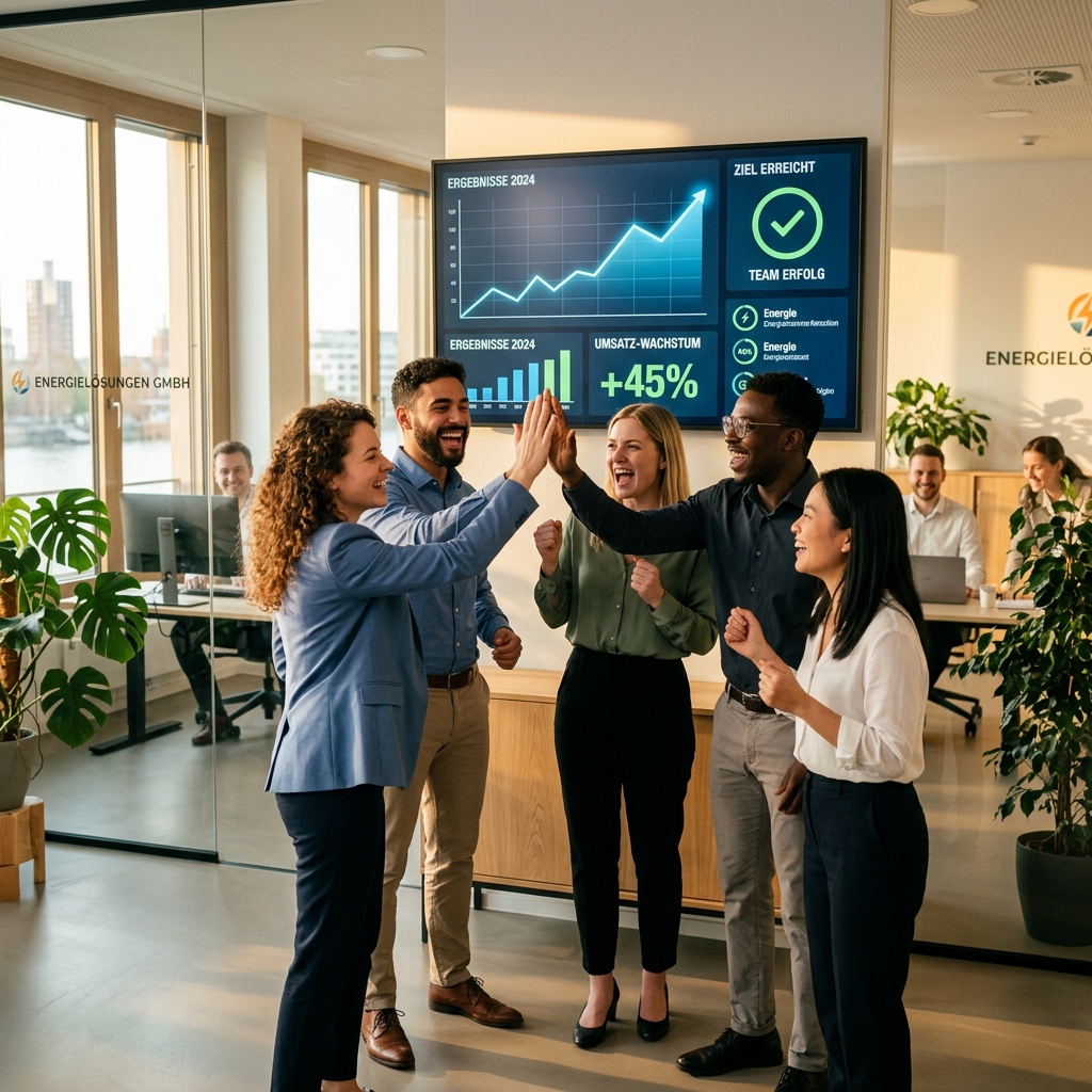VIRON Vertriebsteam feiert gemeinsam Erfolge im modernen Büro mit Umsatz-Dashboard im Hintergrund