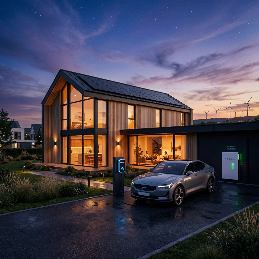 Futuristisches Smart Home mit Solaranlage, Wallbox und Speicher bei Nacht